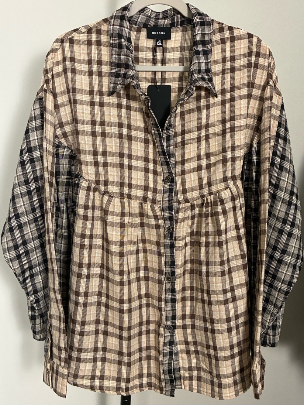 New! Heyson 1XL Brown Mixed Print Plaid Button-Front Shirt
